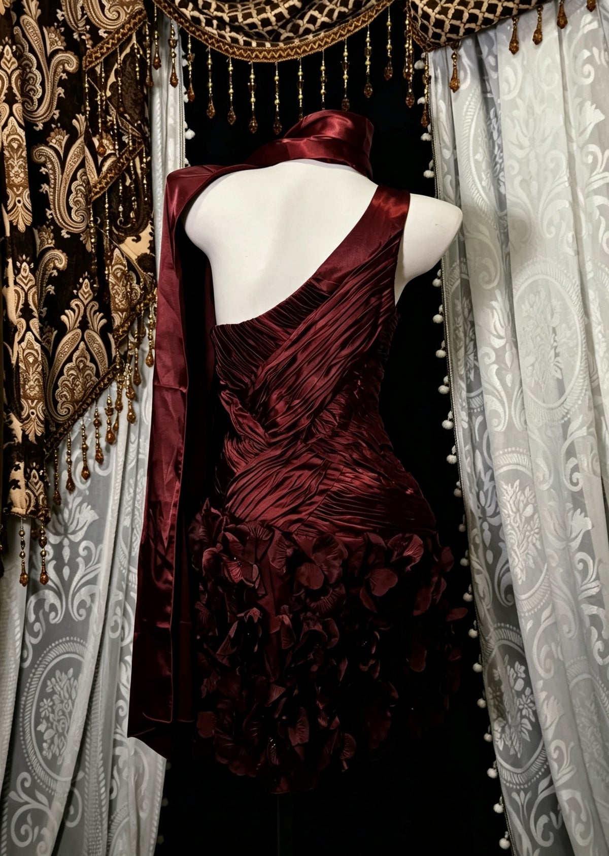 Luxurious Burgundy One Shoulder Satin Ruched 3D Floral Bodycon Short Homecoming Dress With Matching Neck Sash AS2817