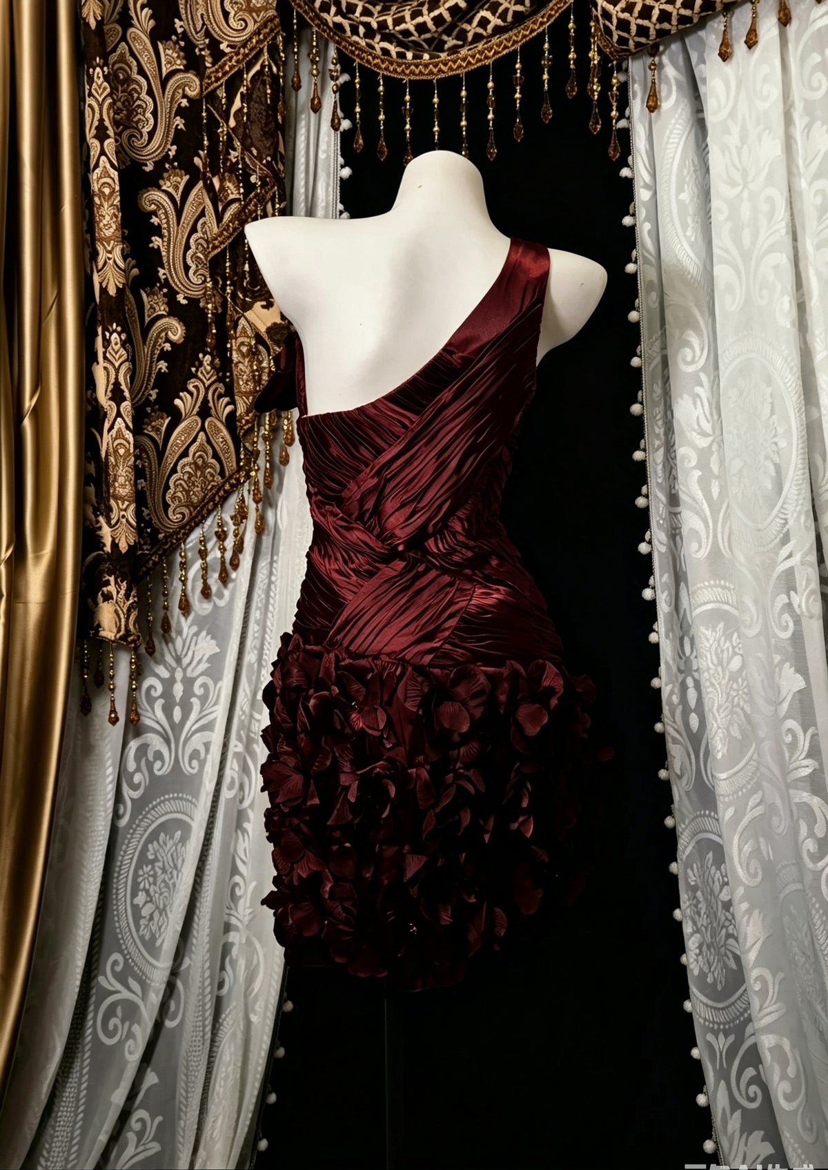 Luxurious Burgundy One Shoulder Satin Ruched 3D Floral Bodycon Short Homecoming Dress With Matching Neck Sash AS2817