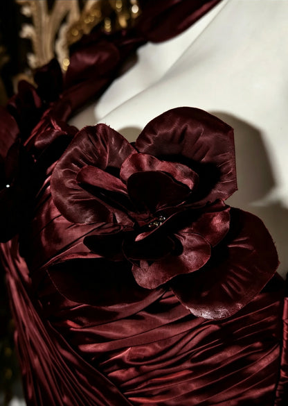 Luxurious Burgundy One Shoulder Satin Ruched 3D Floral Bodycon Short Homecoming Dress With Matching Neck Sash AS2817