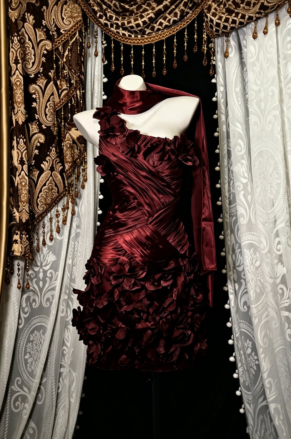 Luxurious Burgundy One Shoulder Satin Ruched 3D Floral Bodycon Short Homecoming Dress With Matching Neck Sash AS2817