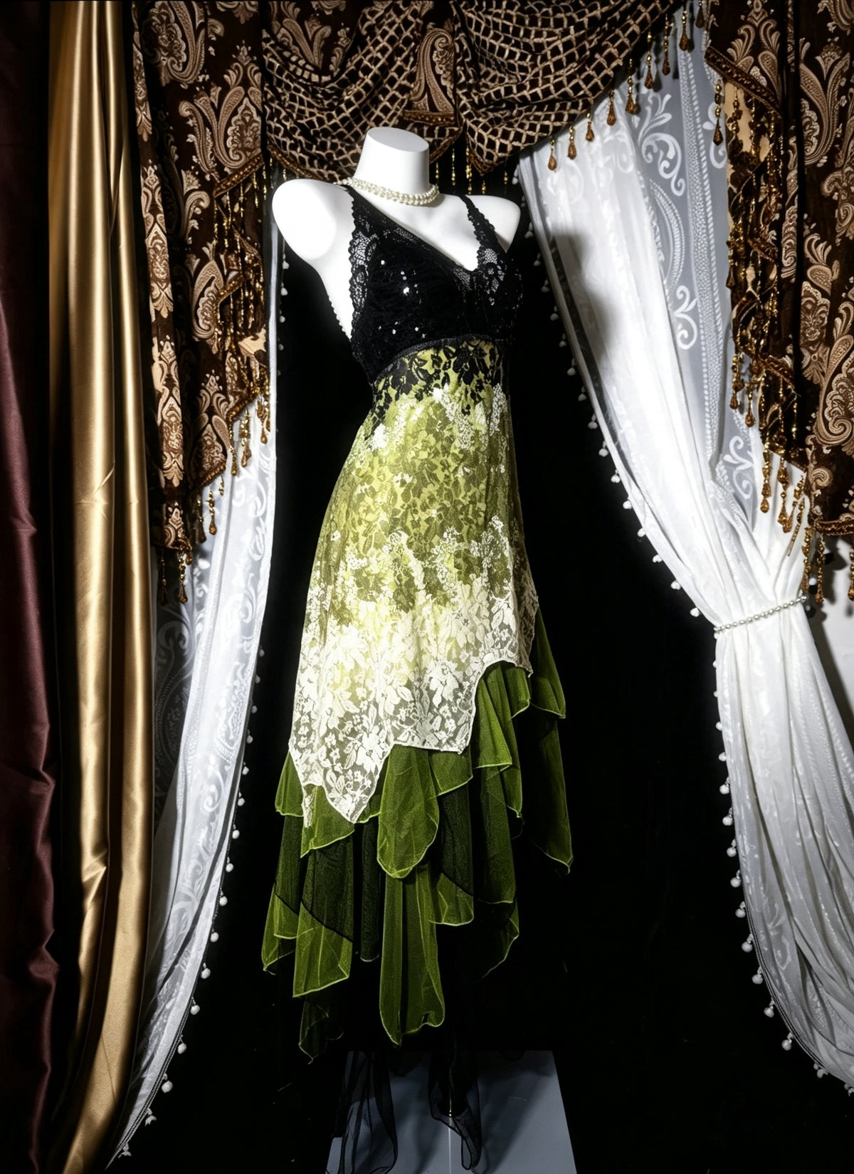 Vintage Forest Green V-Neck Straps Lace Asymmetrical A Line Midi Homecoming Dress AS2819