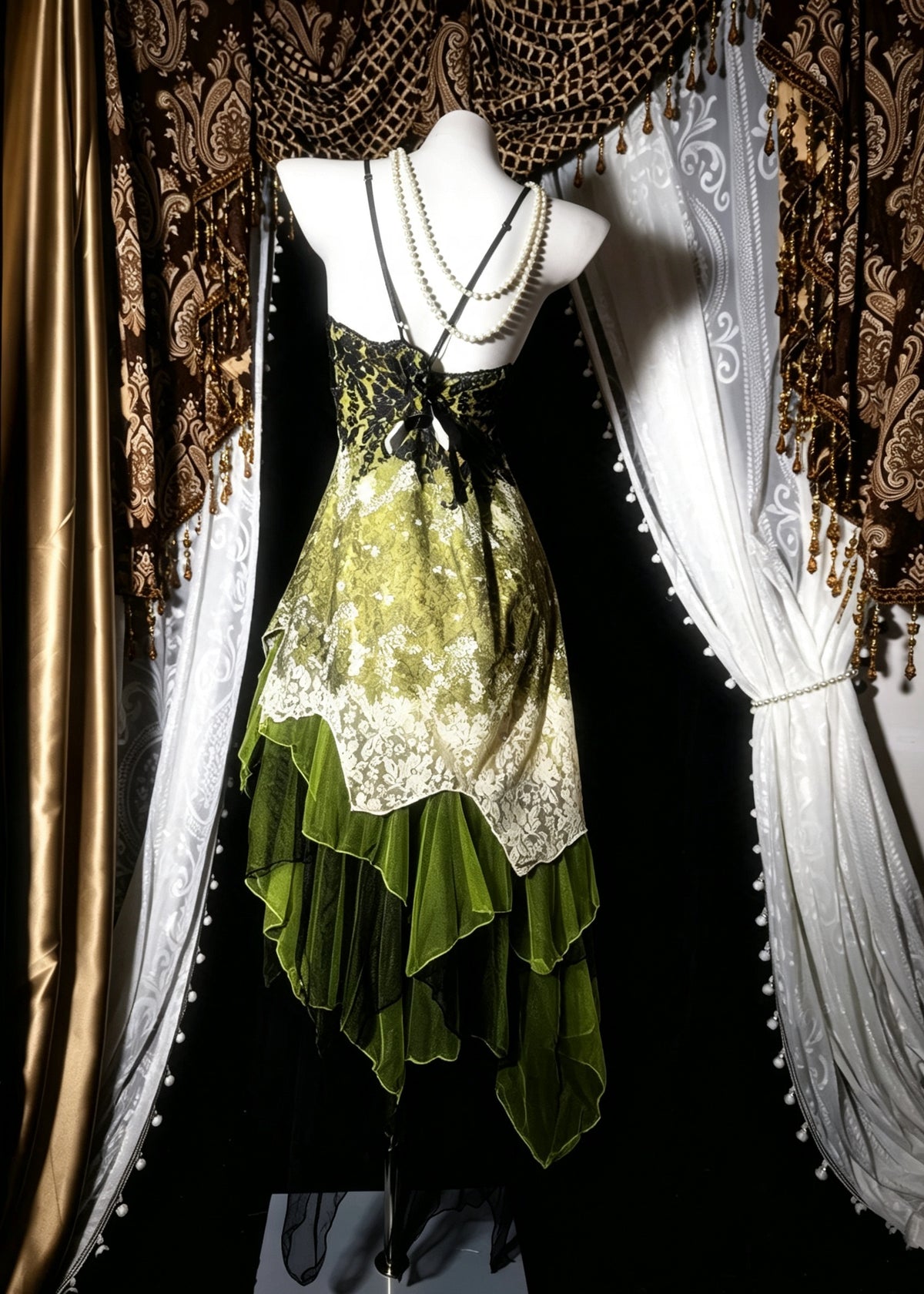 Vintage Forest Green V-Neck Straps Lace Asymmetrical A Line Midi Homecoming Dress AS2819