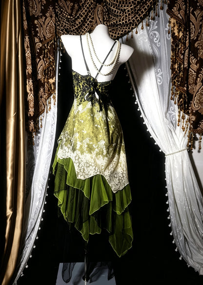 Vintage Forest Green V-Neck Straps Lace Asymmetrical A Line Midi Homecoming Dress AS2819