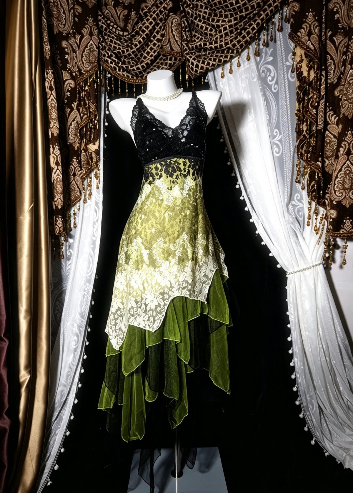 Vintage Forest Green V-Neck Straps Lace Asymmetrical A Line Midi Homecoming Dress AS2819