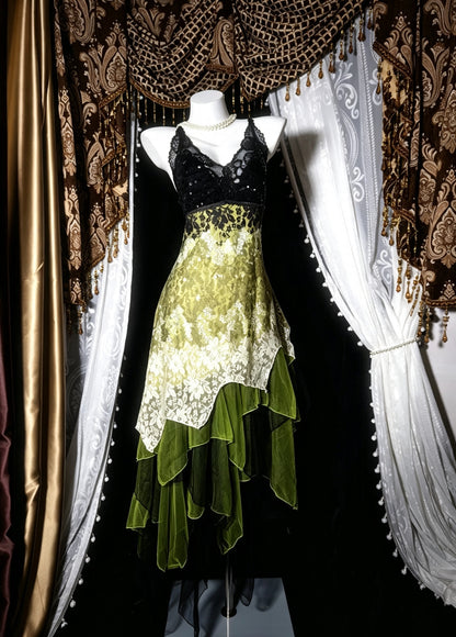 Vintage Forest Green V-Neck Straps Lace Asymmetrical A Line Midi Homecoming Dress AS2819