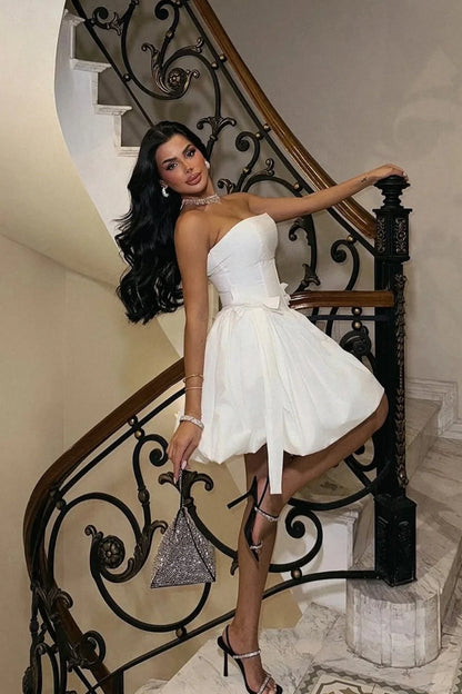 Elegant White Strapless Corset Mini Ball Gown With Voluminous Skirt AS282
