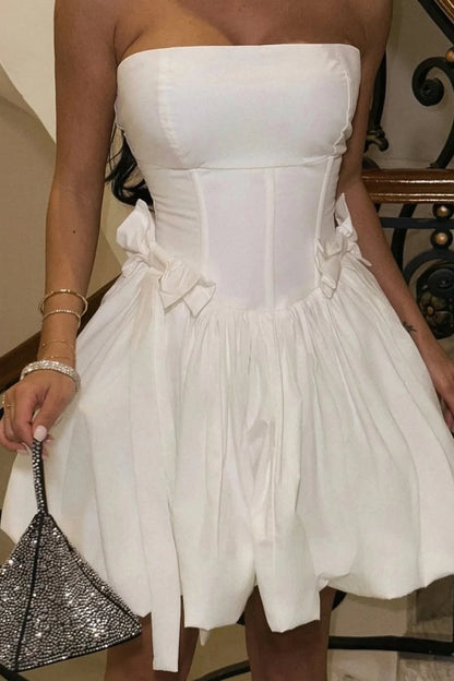 Elegant White Strapless Corset Mini Ball Gown With Voluminous Skirt AS282