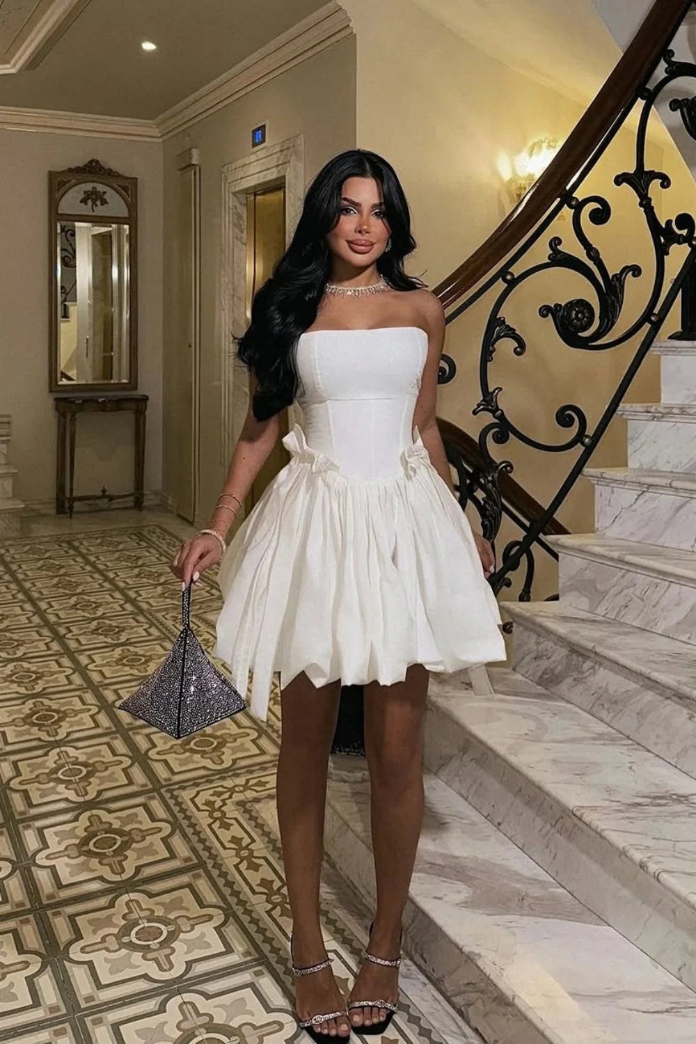 Elegant White Strapless Corset Mini Ball Gown With Voluminous Skirt AS282