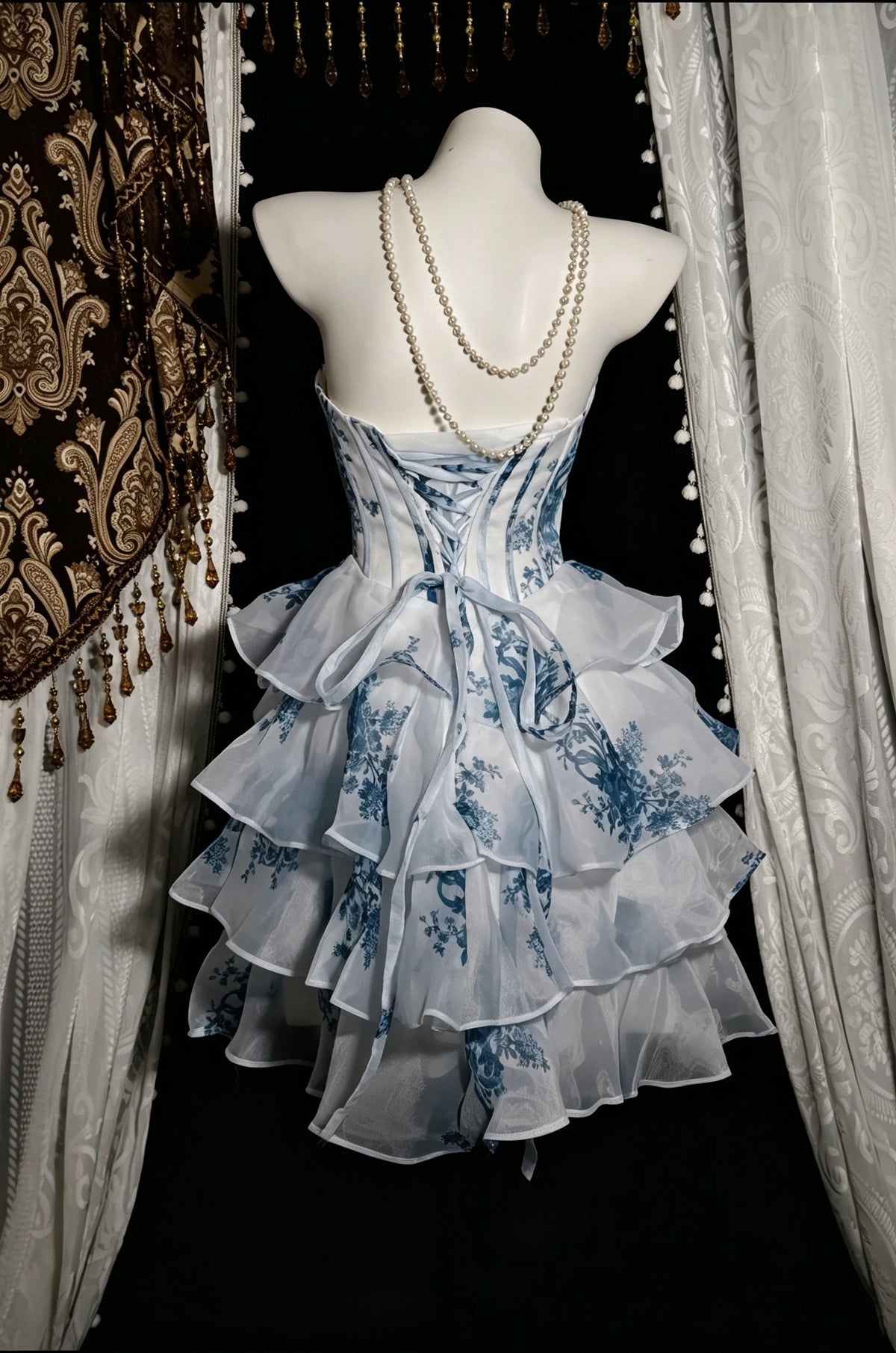 Elegant Blue Floral Strapless Sweetheart Corset Tiered Ruffle A Line Short Homecoming Dress AS2820