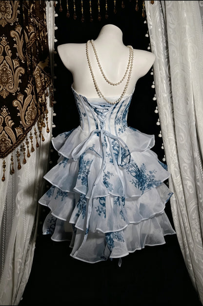 Elegant Blue Floral Strapless Sweetheart Corset Tiered Ruffle A Line Short Homecoming Dress AS2820