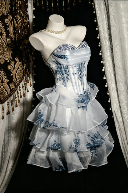 Elegant Blue Floral Strapless Sweetheart Corset Tiered Ruffle A Line Short Homecoming Dress AS2820