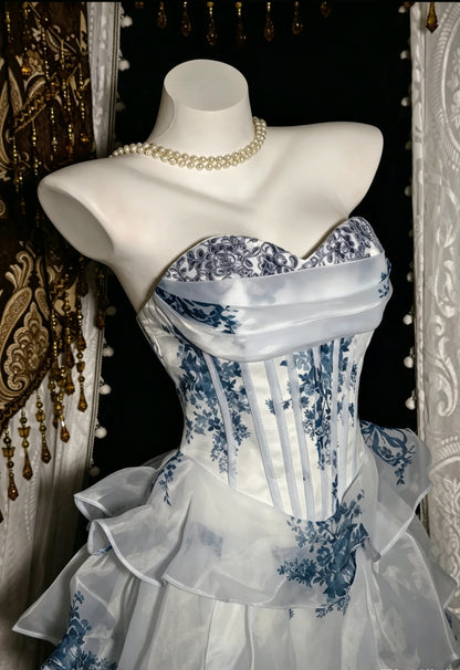 Elegant Blue Floral Strapless Sweetheart Corset Tiered Ruffle A Line Short Homecoming Dress AS2820