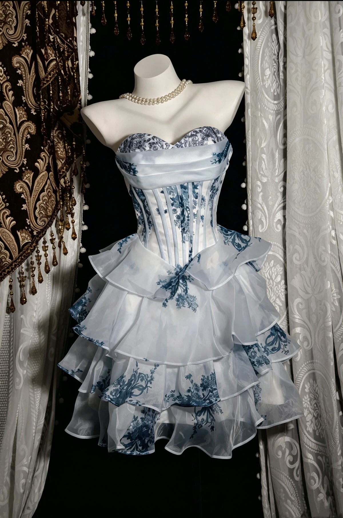 Elegant Blue Floral Strapless Sweetheart Corset Tiered Ruffle A Line Short Homecoming Dress AS2820