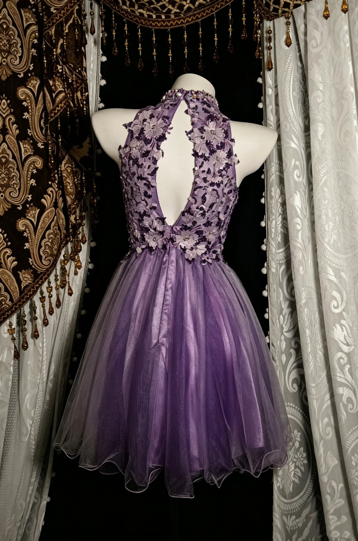 Glamorous Lavender High Neck Halter 3D Floral Lace Beading A-Line Short Homecoming Dress AS2821