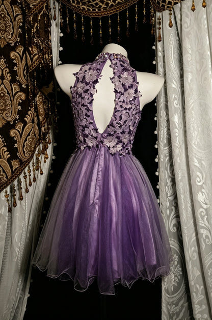 Glamorous Lavender High Neck Halter 3D Floral Lace Beading A-Line Short Homecoming Dress AS2821