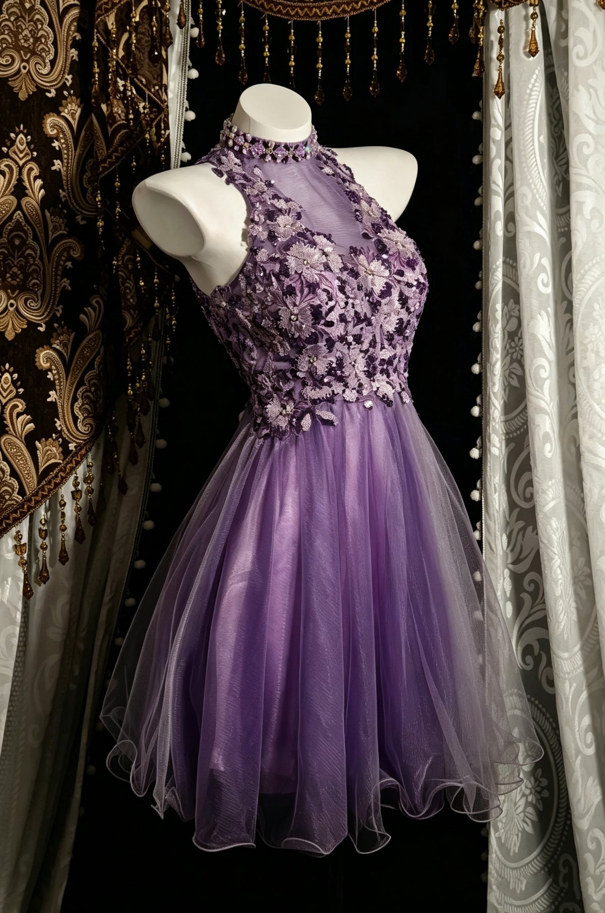 Glamorous Lavender High Neck Halter 3D Floral Lace Beading A-Line Short Homecoming Dress AS2821