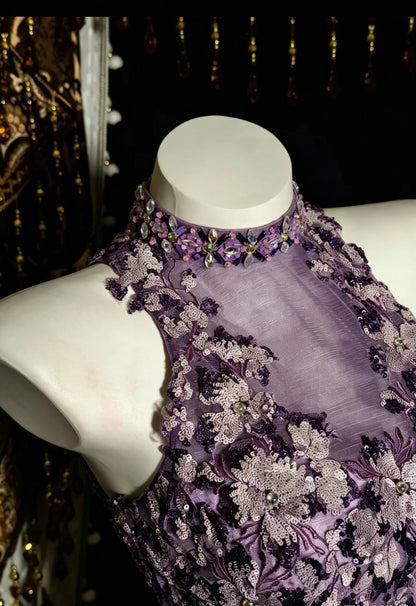 Glamorous Lavender High Neck Halter 3D Floral Lace Beading A-Line Short Homecoming Dress AS2821