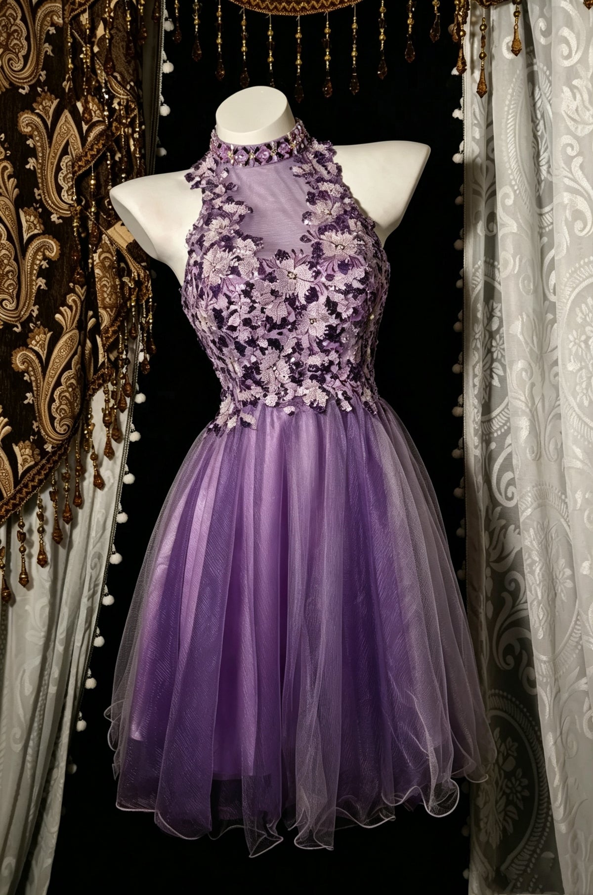 Glamorous Lavender High Neck Halter 3D Floral Lace Beading A-Line Short Homecoming Dress AS2821