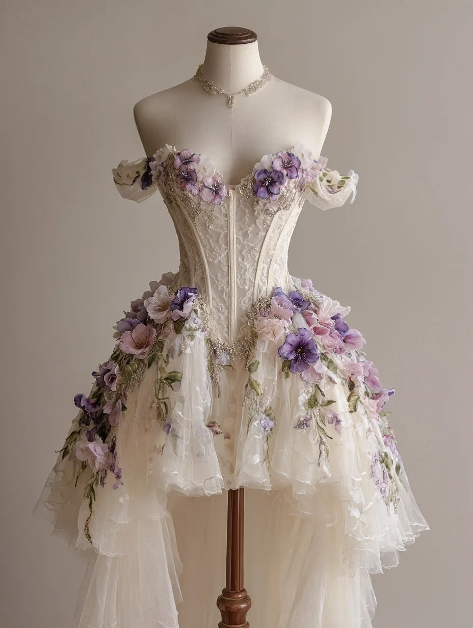Dreamy Ivory Off Shoulder 3D Floral High Low Tulle A Line Homecoming Dress AS2822