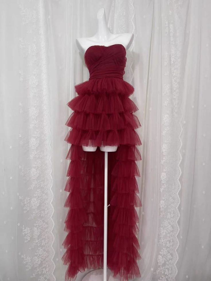 Elegant Burgundy Strapless Ruched Bodice Multi Tiered Ruffle High Low A Line Short Homecoming Dress AS2823