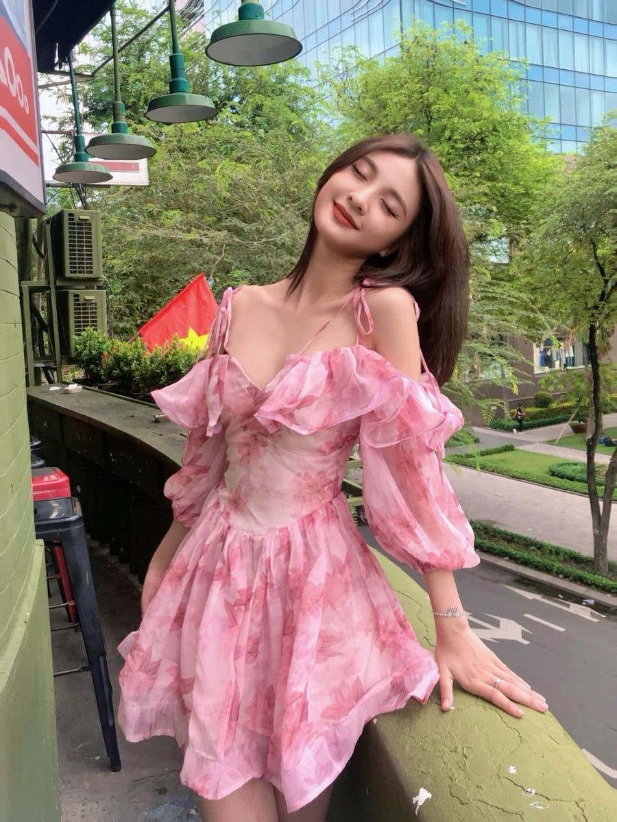 Sweet Pink Floral Tie Strap Ruffle Puff Sleeve Chiffon A-Line Short Homecoming Dress AS2825