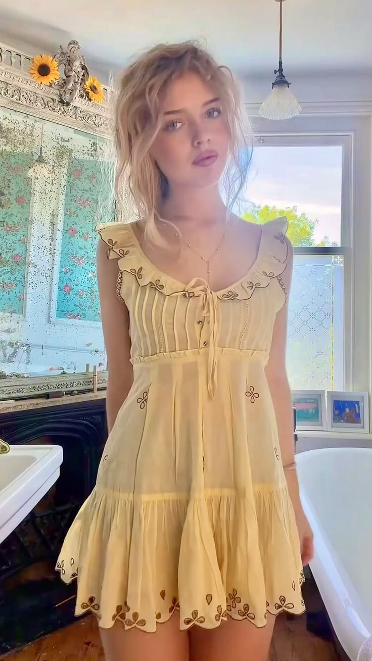 Dainty Pale Yellow Sleeveless Ruffle Trim Embroidered A Line Short Homeocming Dress AS2826