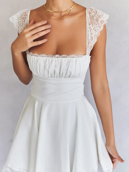 Delicate White Square Neck Lace Cap Sleeve A line Lace Trim Short Homecoming Dress AS2827