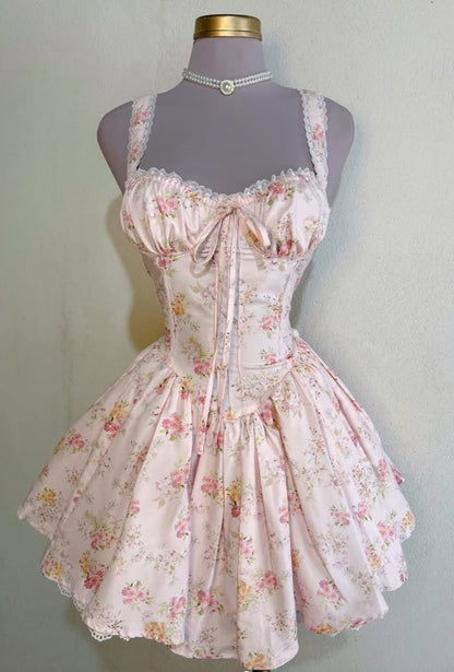 Gorgeous Pale Pink Ditsy Floral Lace Trim Strap Corset A Line Short Homecoming Dress AS2830