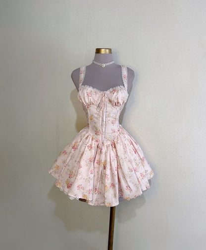 Gorgeous Pale Pink Ditsy Floral Lace Trim Strap Corset A Line Short Homecoming Dress AS2830