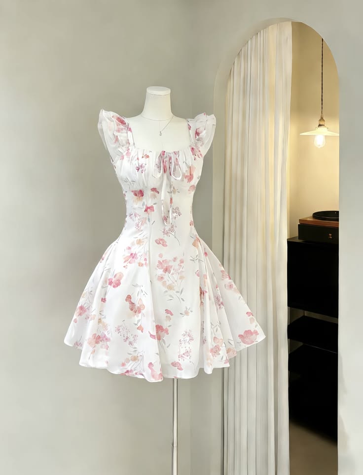 Fresh White Pink Floral Print Ruffled Cap Sleeve Tie Front Square Neck A-Line Short Homecoming Dress AS2831