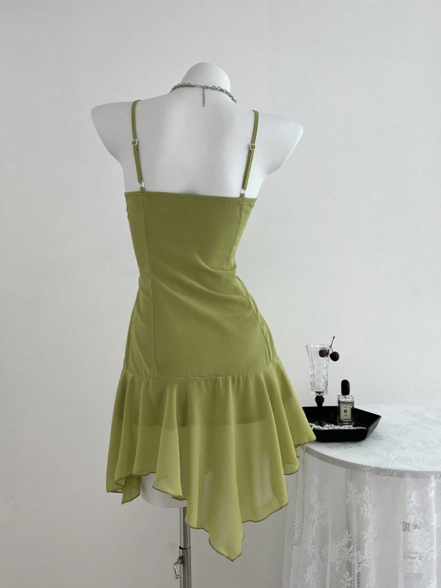 Fresh Sage Green Spaghetti Strap V-Neck Floral Applique A Line Short Homecoming Dress AS2834