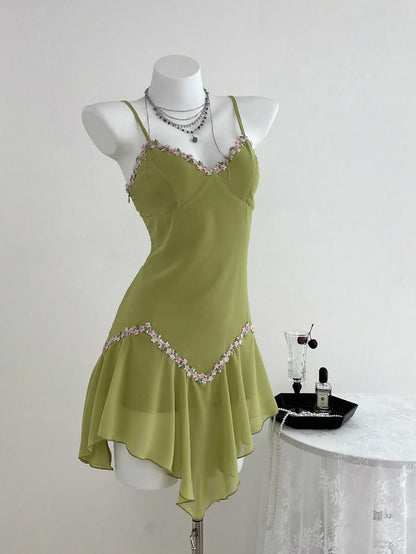 Fresh Sage Green Spaghetti Strap V-Neck Floral Applique A Line Short Homecoming Dress AS2834