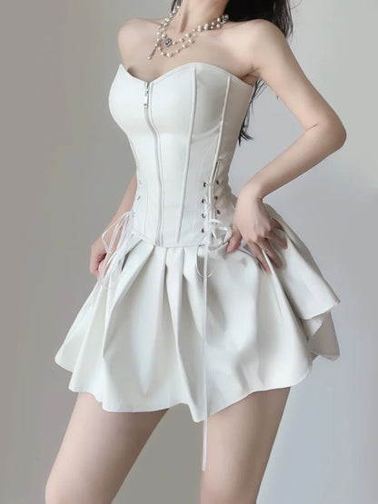Chic White Strapless Sweetheart Corset Front Zipper Lace-Up Pleated A Line Short Homecoming Dress AS2837