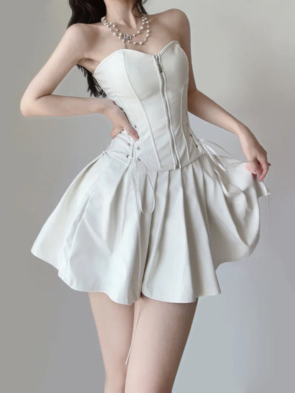 Chic White Strapless Sweetheart Corset Front Zipper Lace-Up Pleated A Line Short Homecoming Dress AS2837