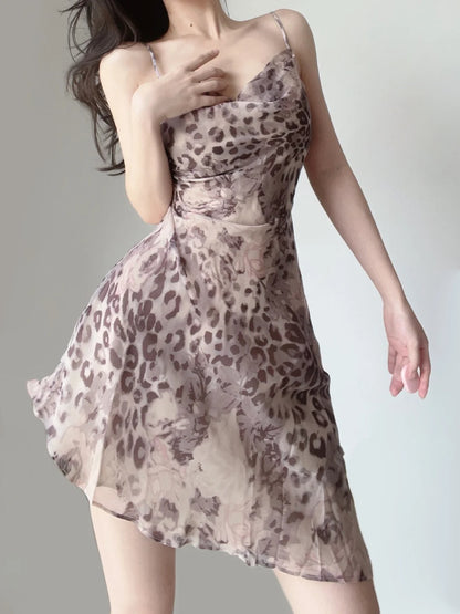 Chic Leopard Print Spaghetti Strap Cowl Neck Chiffon A Line Short Homecoming Dress AS2839