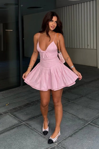 Charming Pink Striped Spaghetti Strap Mini Dress With Bow-Tie Front And Pleated Hem AS284
