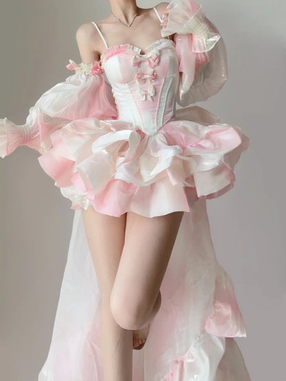 Dreamy Pink White Spaghetti Strap Corset Off Shoulder Puff Sleeve Ruffle A Line Short Homecoming Dress With Bows And Train AS2840
