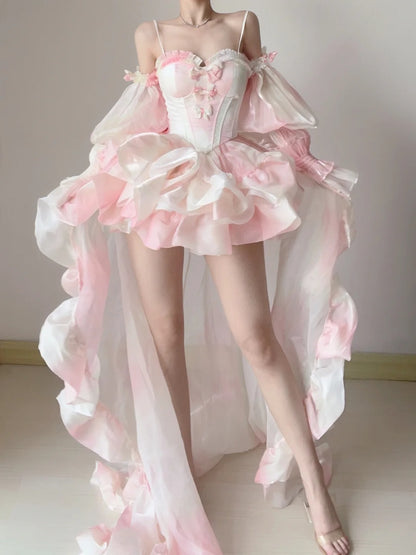Dreamy Pink White Spaghetti Strap Corset Off Shoulder Puff Sleeve Ruffle A Line Short Homecoming Dress With Bows And Train AS2840