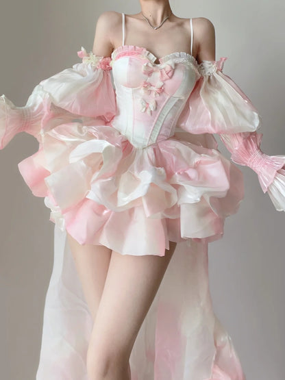 Dreamy Pink White Spaghetti Strap Corset Off Shoulder Puff Sleeve Ruffle A Line Short Homecoming Dress With Bows And Train AS2840