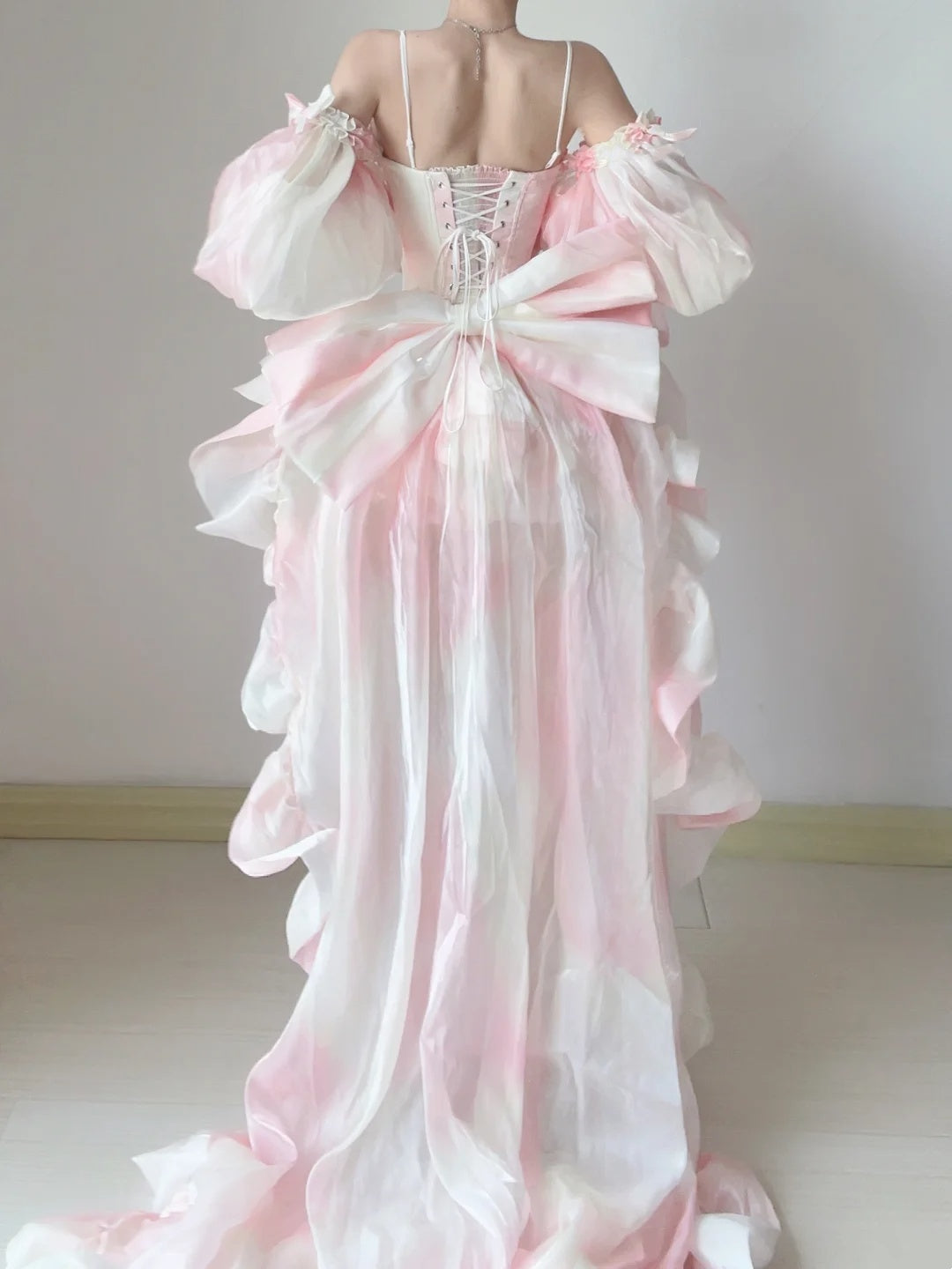 Dreamy Pink White Spaghetti Strap Corset Off Shoulder Puff Sleeve Ruffle A Line Short Homecoming Dress With Bows And Train AS2840