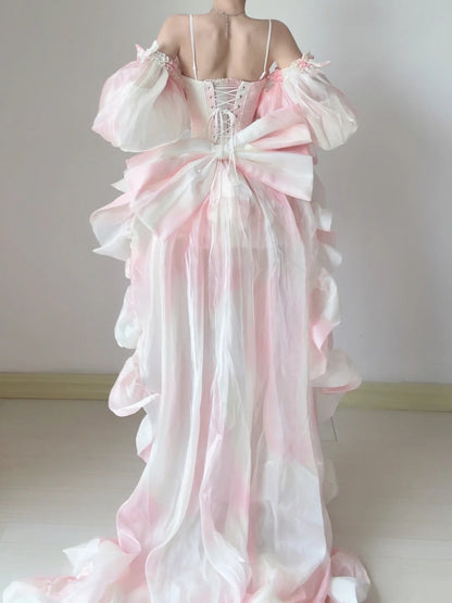 Dreamy Pink White Spaghetti Strap Corset Off Shoulder Puff Sleeve Ruffle A Line Short Homecoming Dress With Bows And Train AS2840
