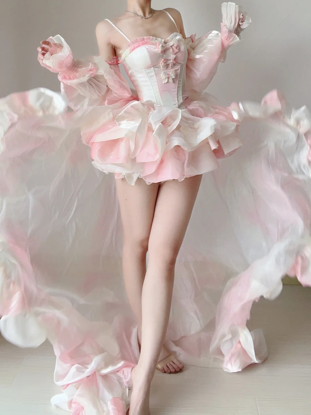 Dreamy Pink White Spaghetti Strap Corset Off Shoulder Puff Sleeve Ruffle A Line Short Homecoming Dress With Bows And Train AS2840