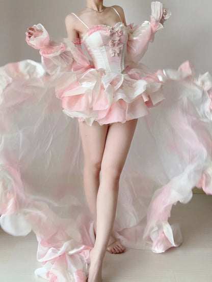 Dreamy Pink White Spaghetti Strap Corset Off Shoulder Puff Sleeve Ruffle A Line Short Homecoming Dress With Bows And Train AS2840