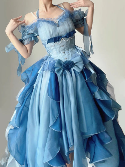 Dreamy Blue Ombre Off Shoulder Halter Corset Pearl Beaded Big Bow Tiered Ruffle Train A Line Short Homecoming Dress AS2841