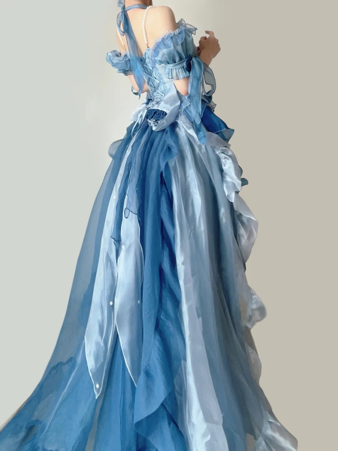 Dreamy Blue Ombre Off Shoulder Halter Corset Pearl Beaded Big Bow Tiered Ruffle Train A Line Short Homecoming Dress AS2841