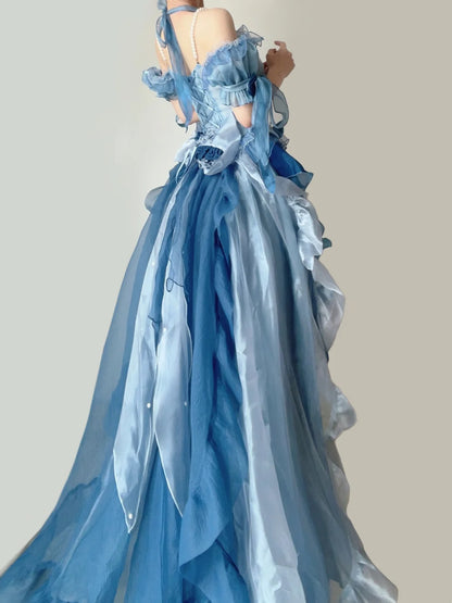 Dreamy Blue Ombre Off Shoulder Halter Corset Pearl Beaded Big Bow Tiered Ruffle Train A Line Short Homecoming Dress AS2841