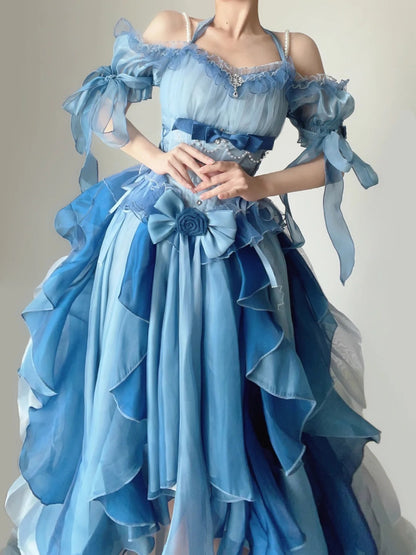 Dreamy Blue Ombre Off Shoulder Halter Corset Pearl Beaded Big Bow Tiered Ruffle Train A Line Short Homecoming Dress AS2841