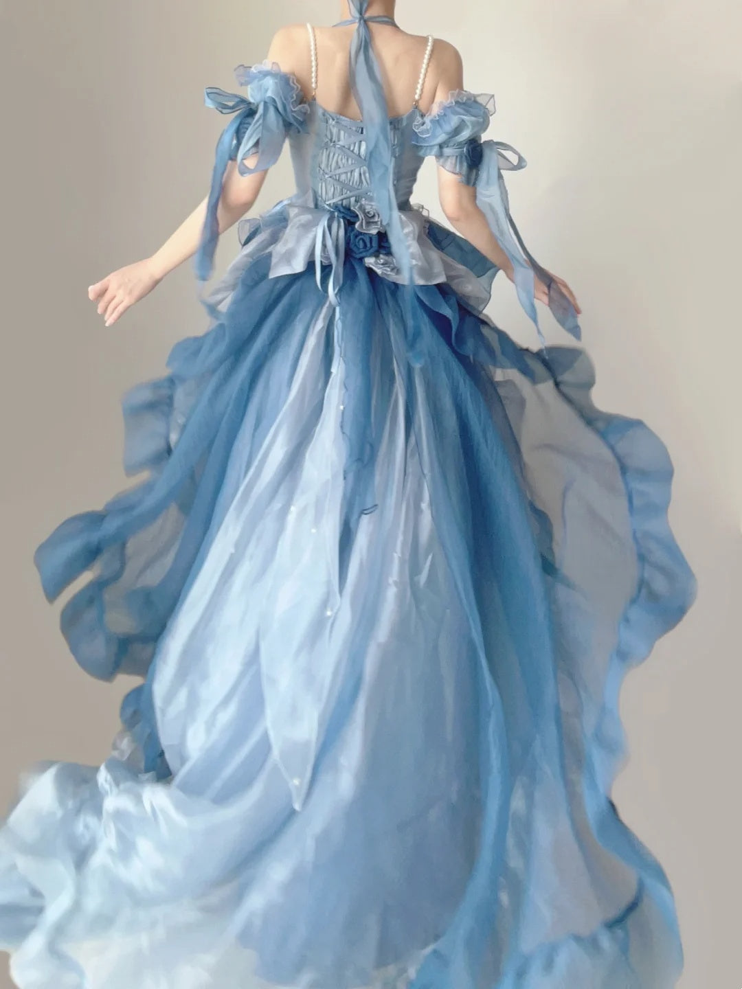 Dreamy Blue Ombre Off Shoulder Halter Corset Pearl Beaded Big Bow Tiered Ruffle Train A Line Short Homecoming Dress AS2841