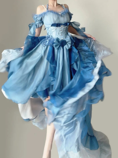 Dreamy Blue Ombre Off Shoulder Halter Corset Pearl Beaded Big Bow Tiered Ruffle Train A Line Short Homecoming Dress AS2841