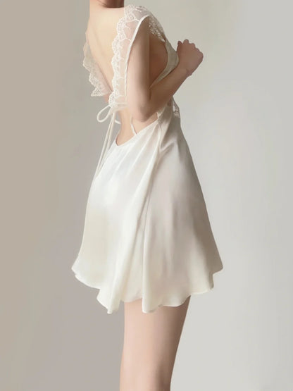 Elegant Ivory Satin V Neck Sleeveless Cutout Lace A-Line Short Homecoming Dress AS2842